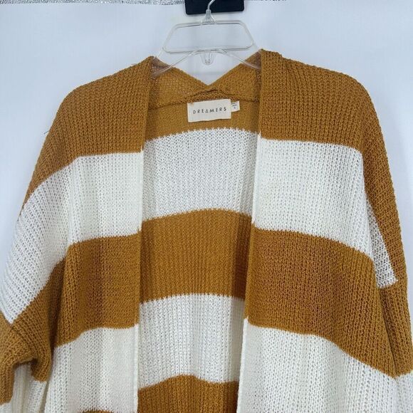Dreamers Mustard Yellow White Stripe Cardigan Open Front Long Line Slouchy Sz S - Picture 2 of 10